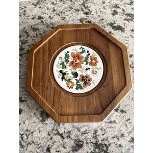 Vtg Dolphin Octagon Charcuterie TeakWood With Floral Ceramic Tile Center 12.0"